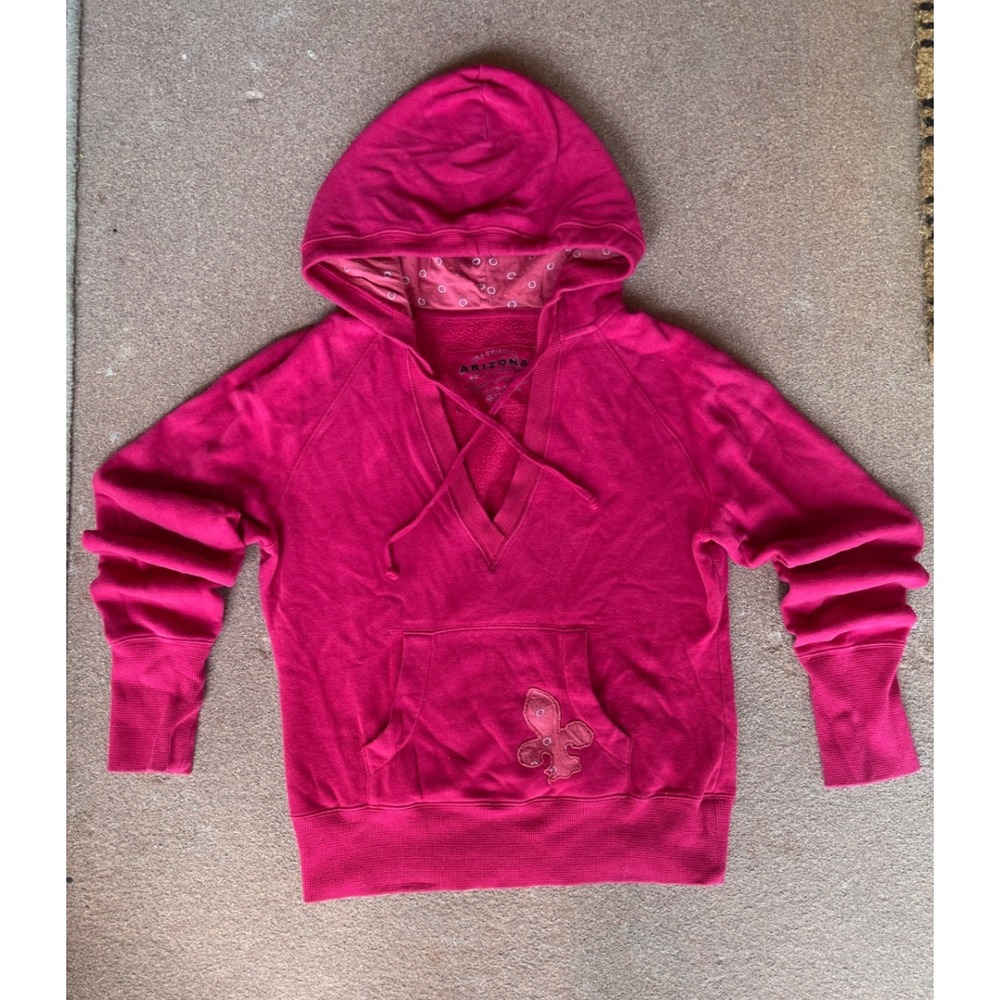 Arizona Jean Co Pink Fleece Hoodie Lace Up V-Neck Fleur De Lis Patch Large